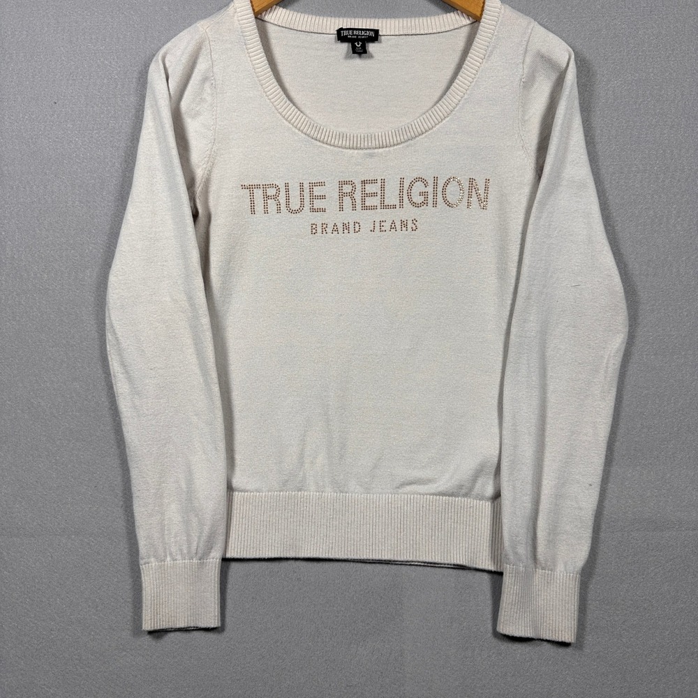 True Religion Womens Rhinestone Logo Scoop Neck Sweater Cream Off White Small